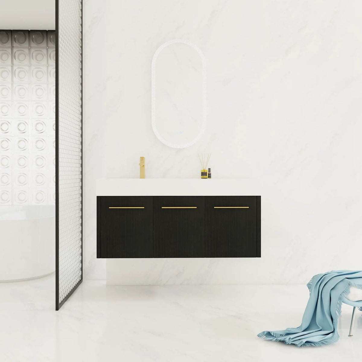 Contemporary 48" Wall Mounted Bathroom Vanity With Resin Sink And Soft Closing Doors | 47.3 x 18.1 x 22.4 in | Stainless Steel & Plywood | Bathroom