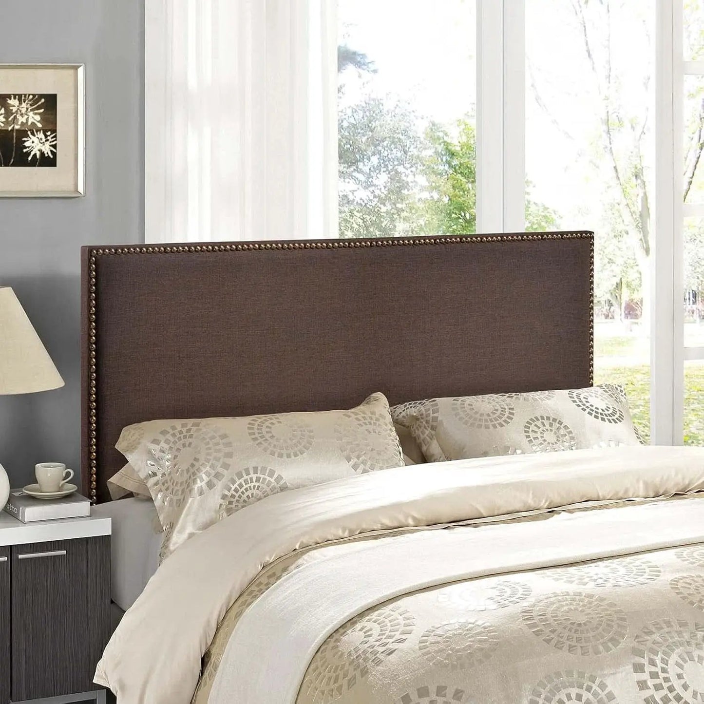 Elegant Upholstered Queen Headboard with Nailhead Trim from PriceLows™