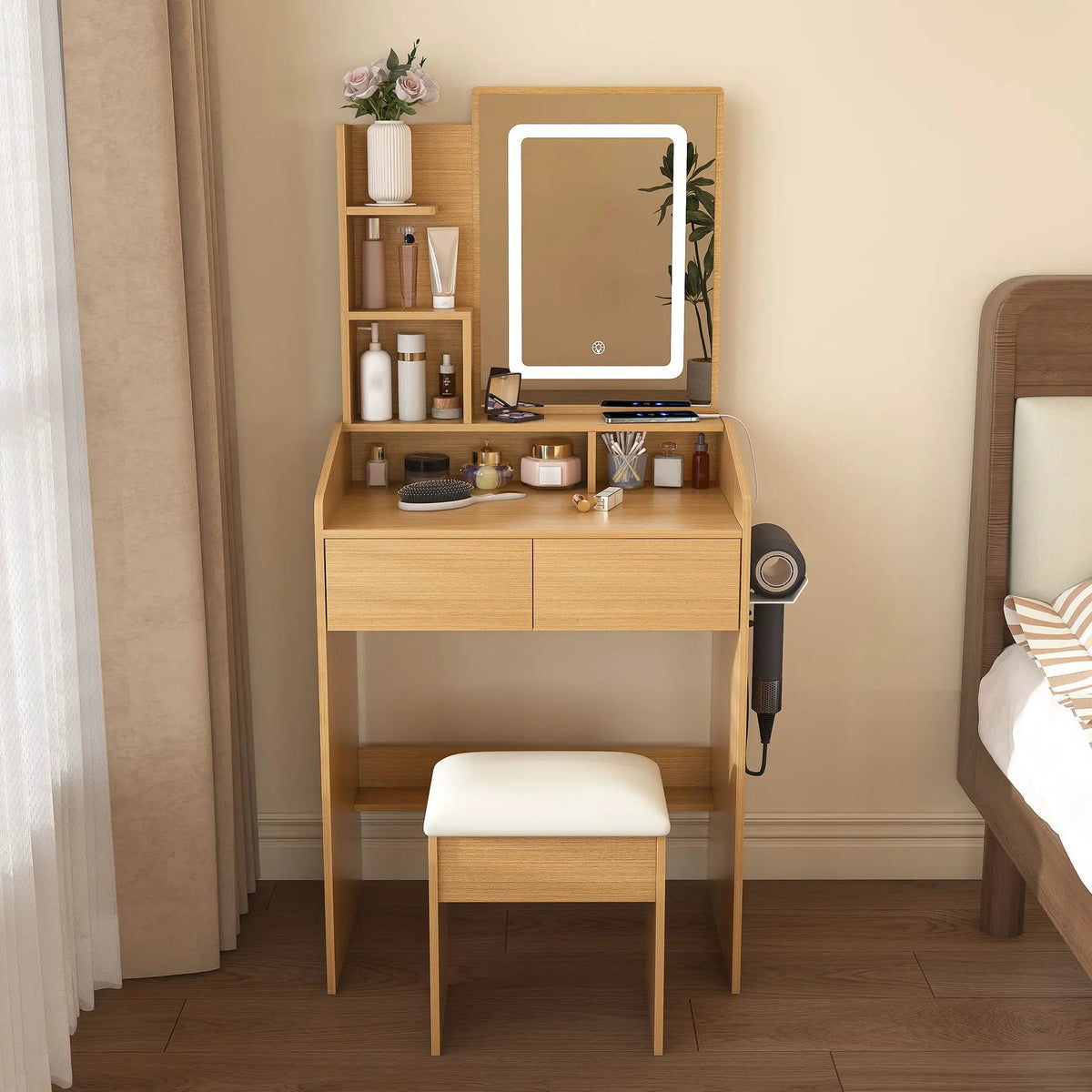 Vanity Table | Adjustable LED Mirror | Power Outlets | Padded Stool