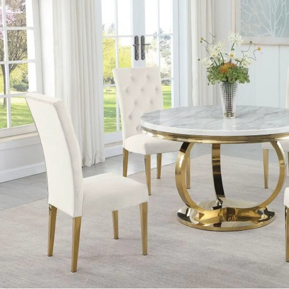 Upholstered Dining Chairs | Tufted Back | Stainless Steel Base | Set Of 2