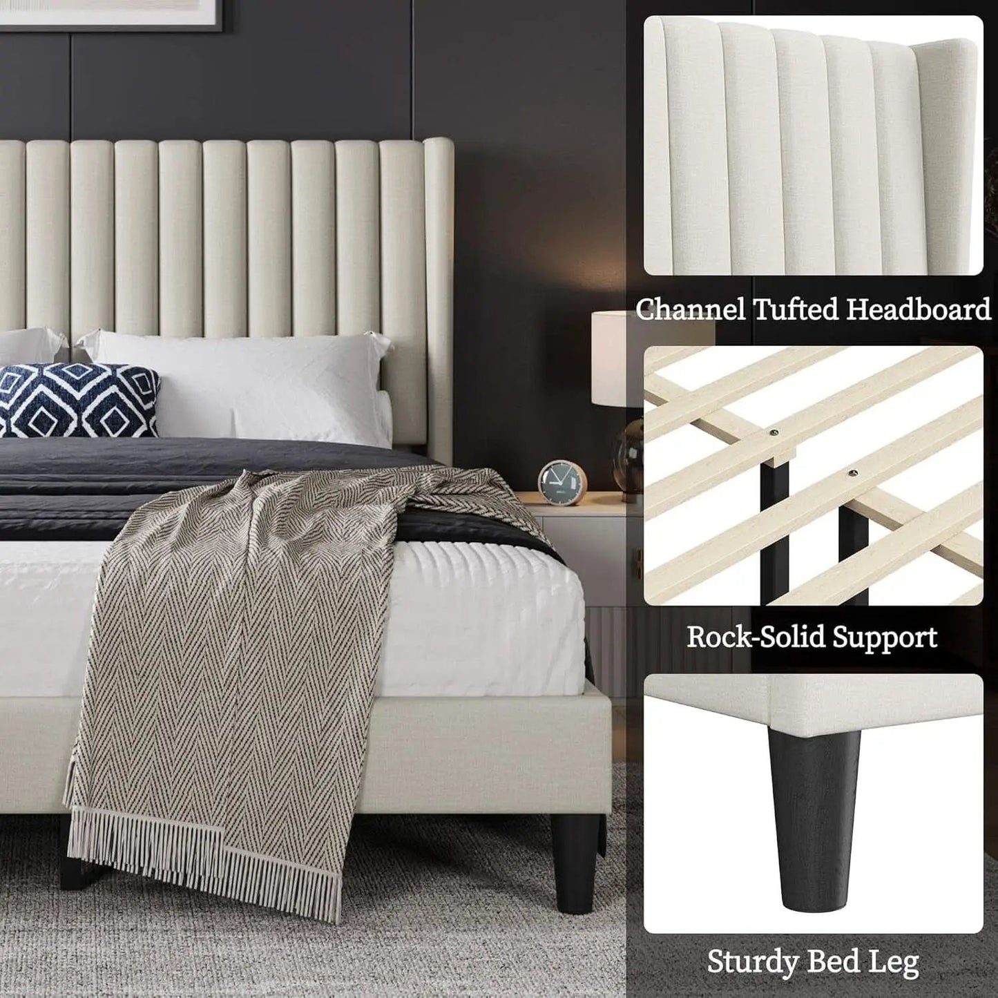 Queen Upholstered Platform Bed With Beige Headboard from PriceLows™