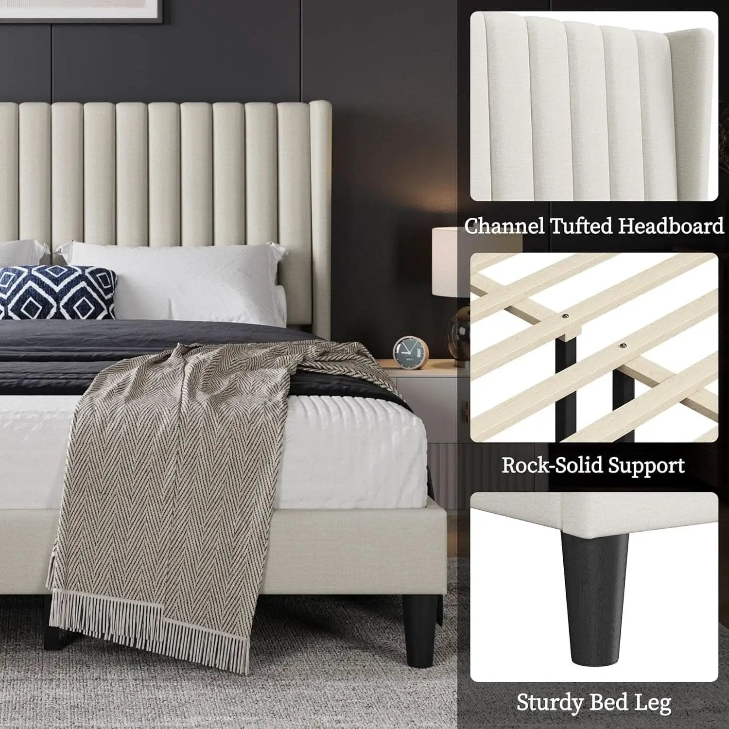 Queen Upholstered Platform Bed With Beige Headboard from PriceLows™