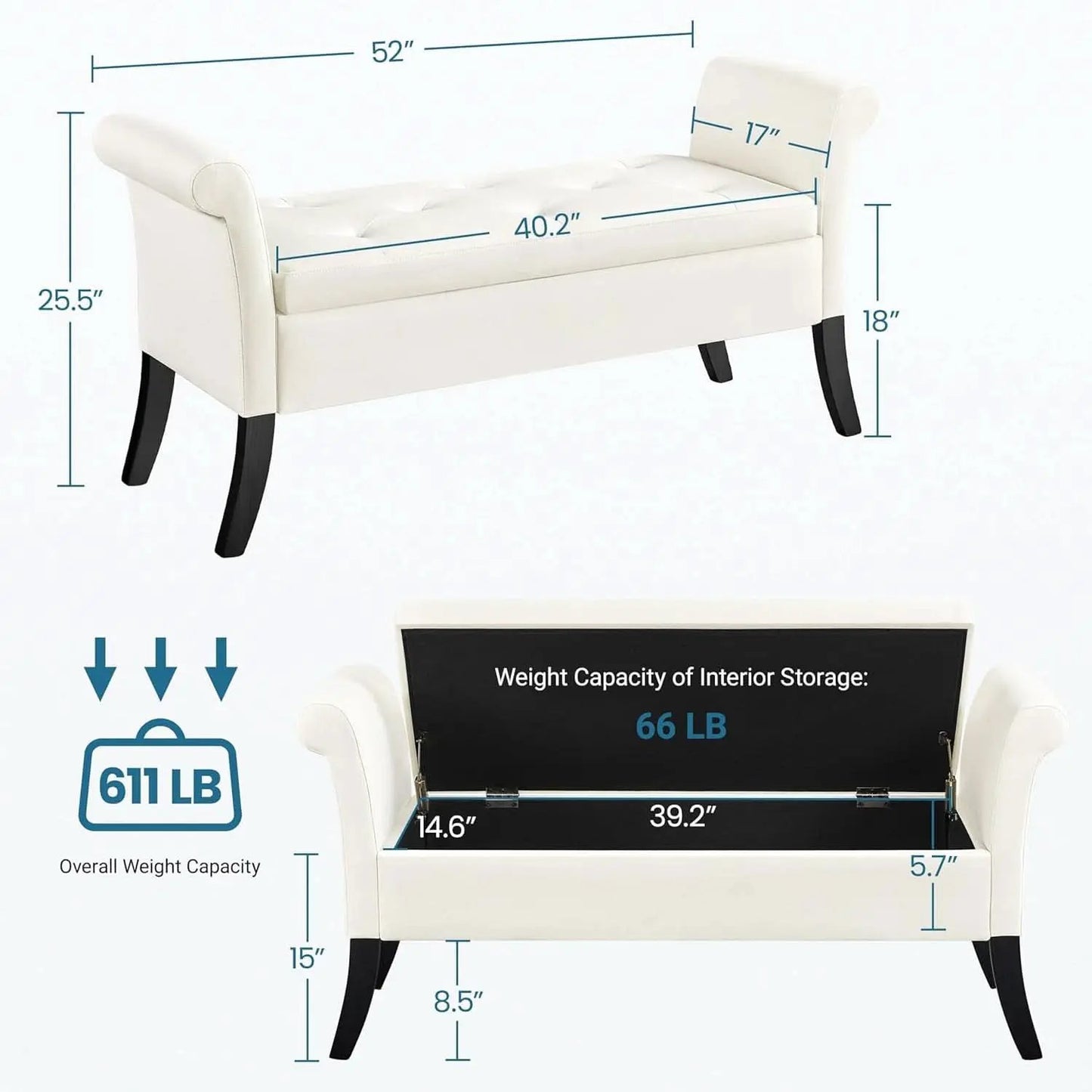 Fifty TwoInches Durable White Upholstered Storage Ottoman Bench from PriceLows™