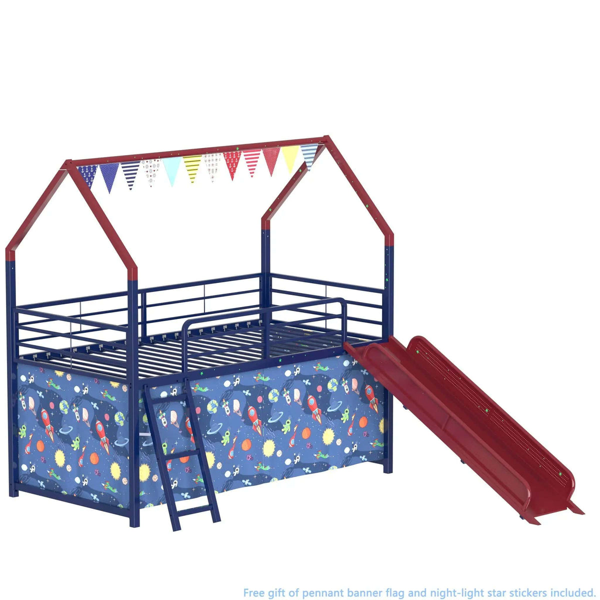 Jack House Loft Bed With Slide And Curtain Set | 5 Pieces | Metal | Bedroom