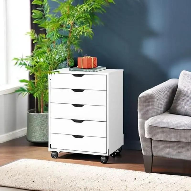 White 5 Drawer Wood File Cabinet With Wheels For Office from PriceLows™