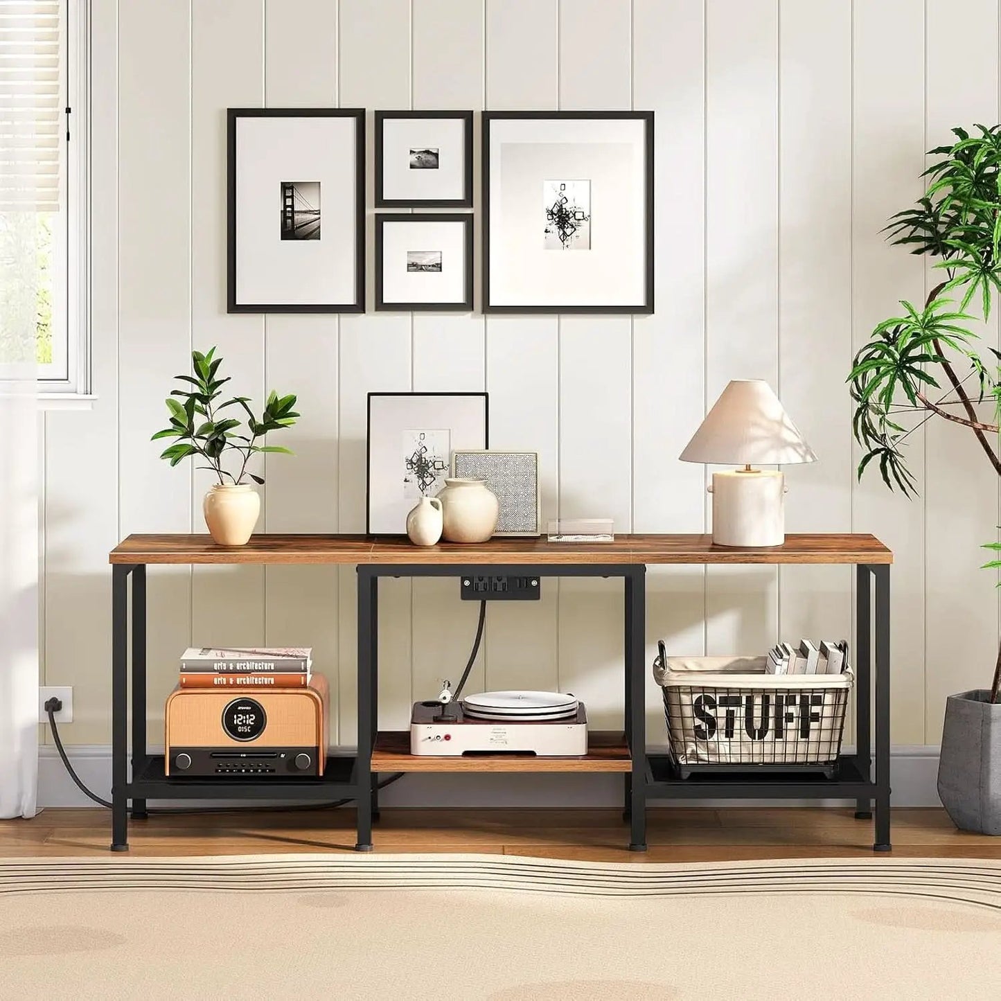 Rustic Brown And Black LED TV Stand With Charging Station Up To 55 Inches from PriceLows™