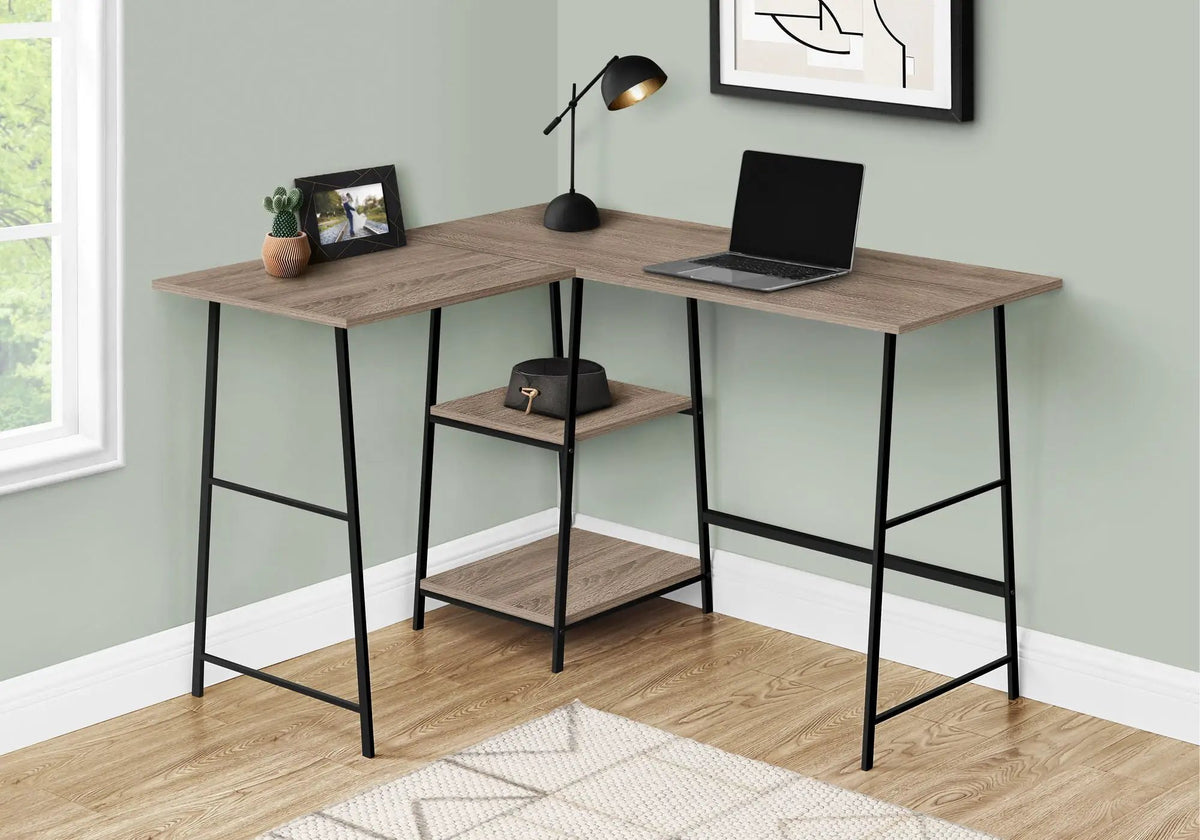 Industrial L-Shaped Corner Desk | 47.25 Inch Width | 2 Open Shelves | Sawhorse-Style Legs