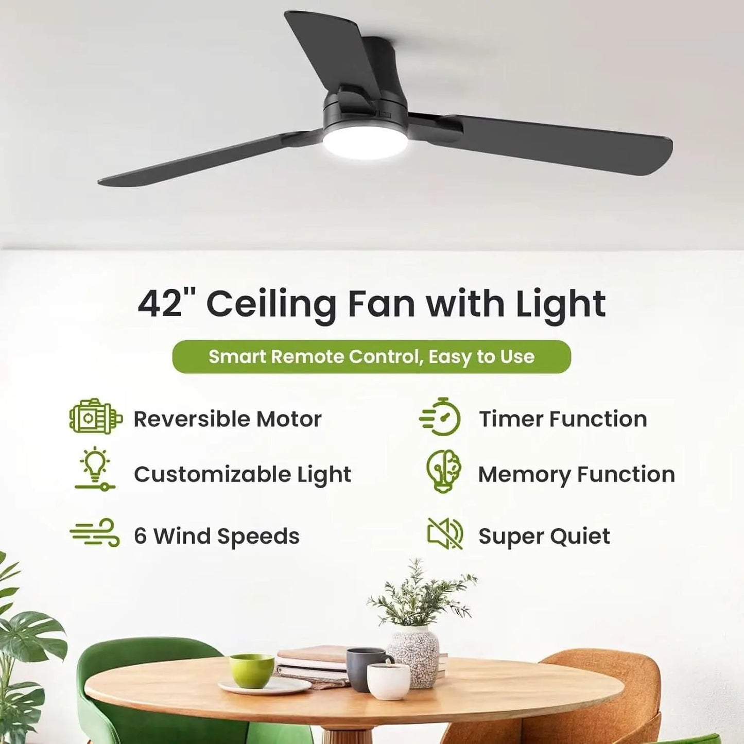42 Inch Black Ceiling Fan With Light Energy Efficient from PriceLows™