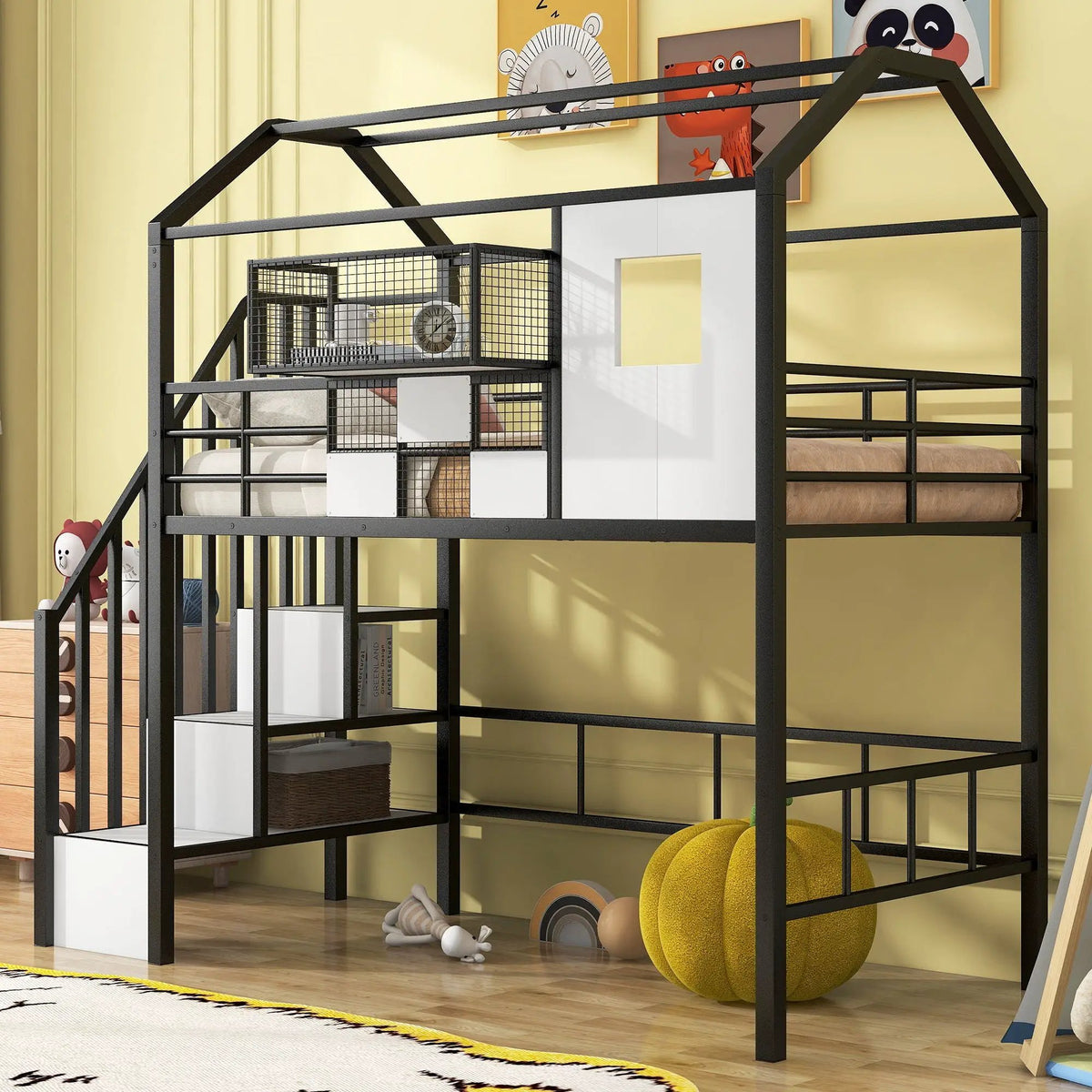 Metal Loft Bed | Roof Design | Storage Box | Integrated Ladder
