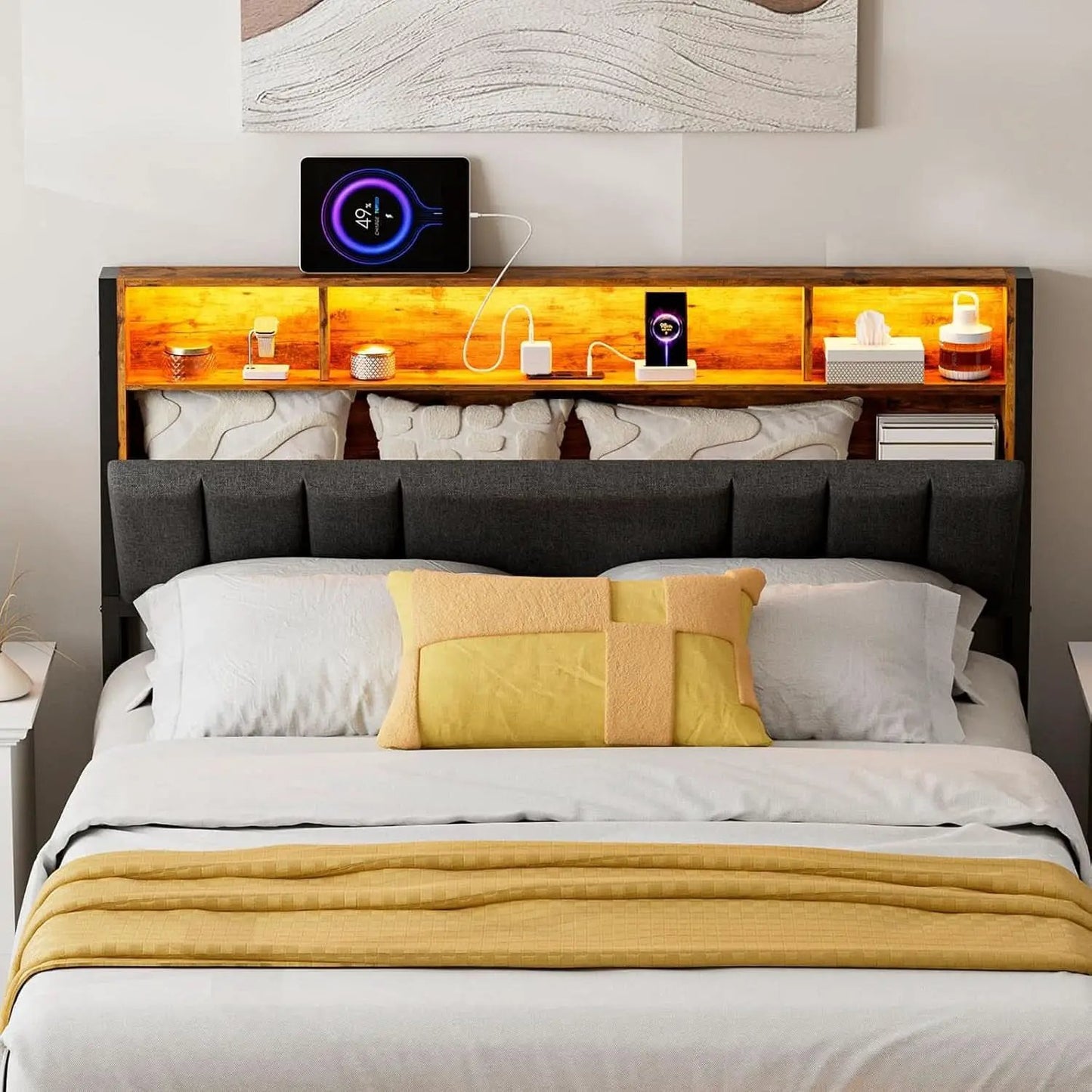 Ergonomic Queen Size Headboard with LED Lights Storage from PriceLows™