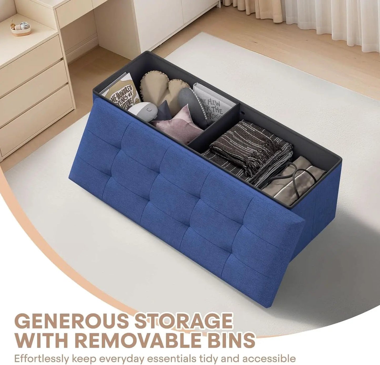 Navy Blue Folding Storage Ottoman Organizer 43Inch from PriceLows™