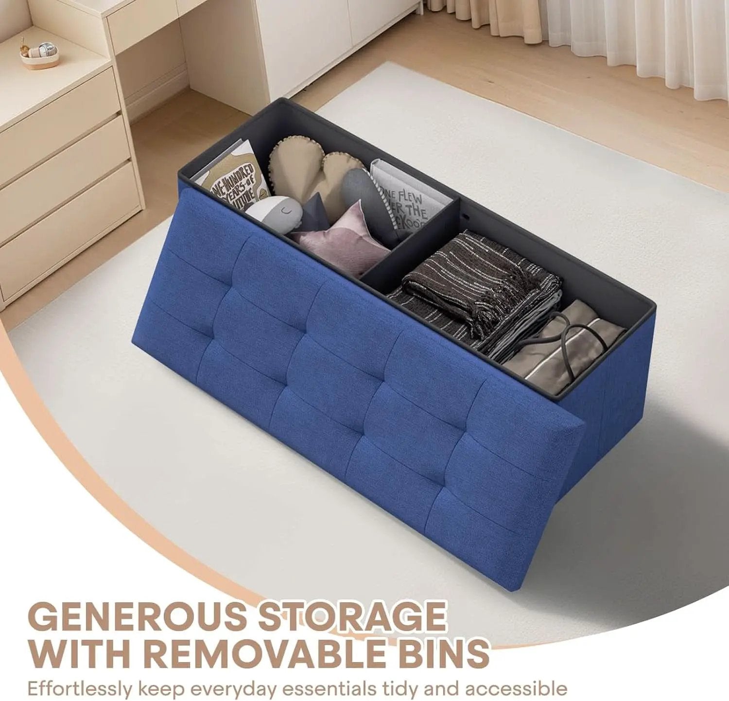 Navy Blue Folding Storage Ottoman Organizer 43Inch from PriceLows™