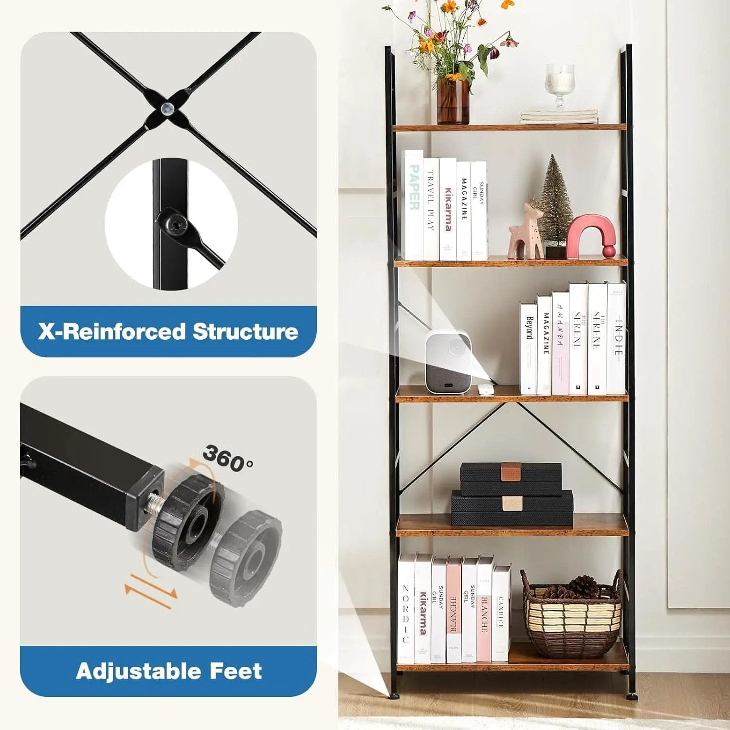 Rustic Brown Five Tier Bookshelf Narrow Space Saver from PriceLows™
