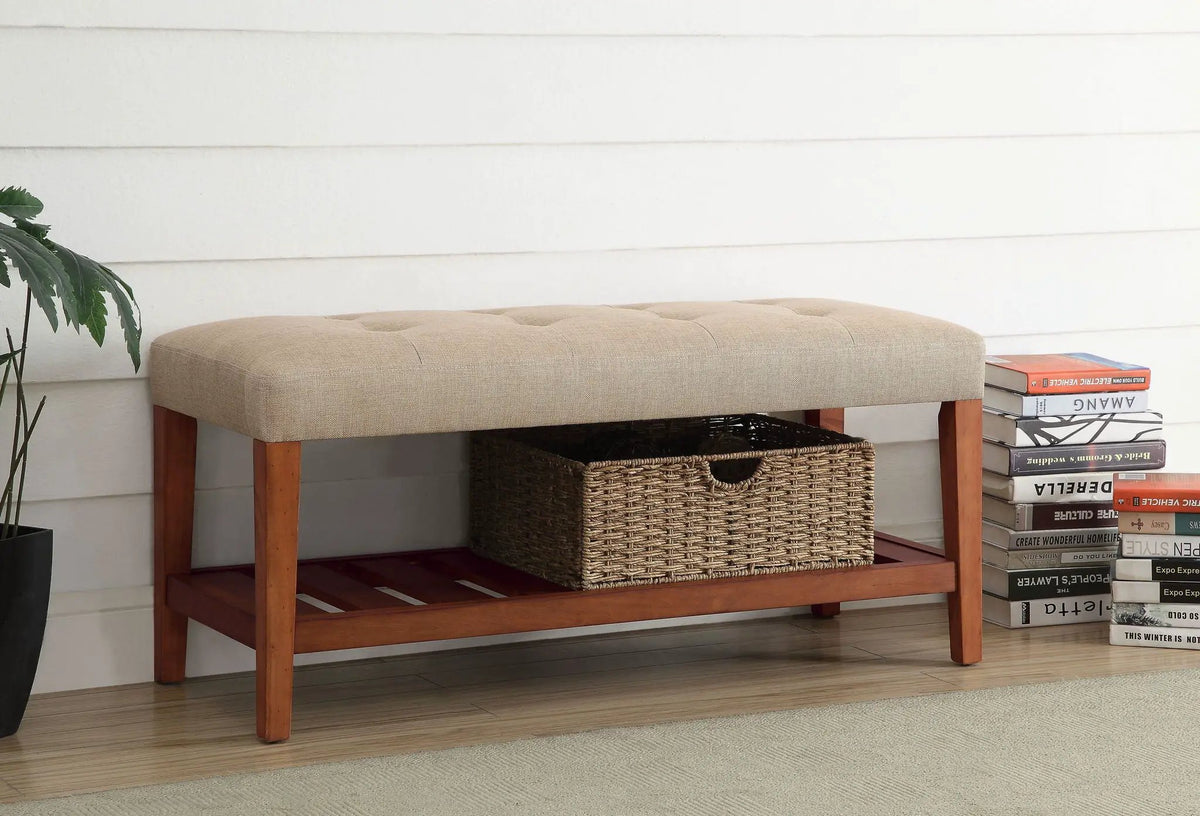 Charla Upholstered Bench | Tufted Fabric Seat | Oak Color Scheme | Armless Rectangular Design