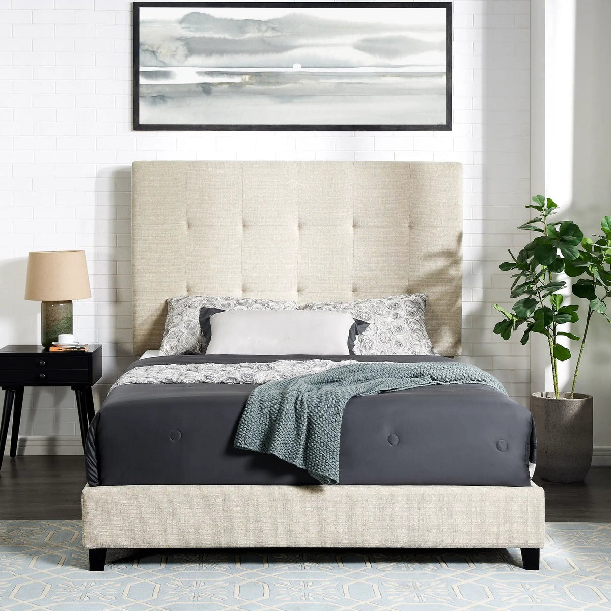 Tufted Upholstered Headboard Platform Bed | Laminated Veneer Lumber | CertiPUR-US Foam | 60 Inch Height