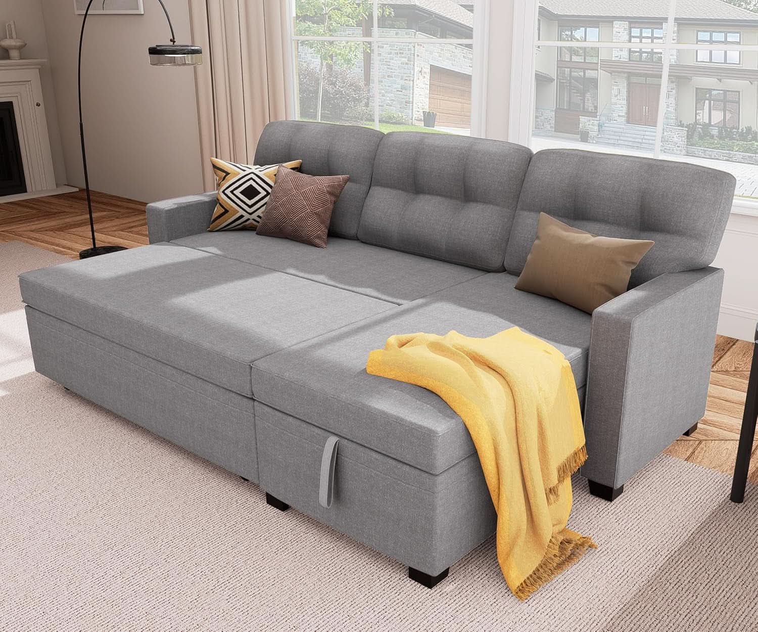 Reversible Sectional Sofa Couch, Sleeper Sofa Bed with Storage Chaise Pull Out Couch for Living Room | Hidden Stroge | Pull Out Bed | Removable Backrest | Linen Fabric, Light Grey from PriceLows™