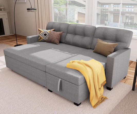 Reversible Sectional Sofa Couch, Sleeper Sofa Bed with Storage Chaise Pull Out Couch for Living Room | Hidden Stroge | Pull Out Bed | Removable Backrest | Linen Fabric, Light Grey from PriceLows™