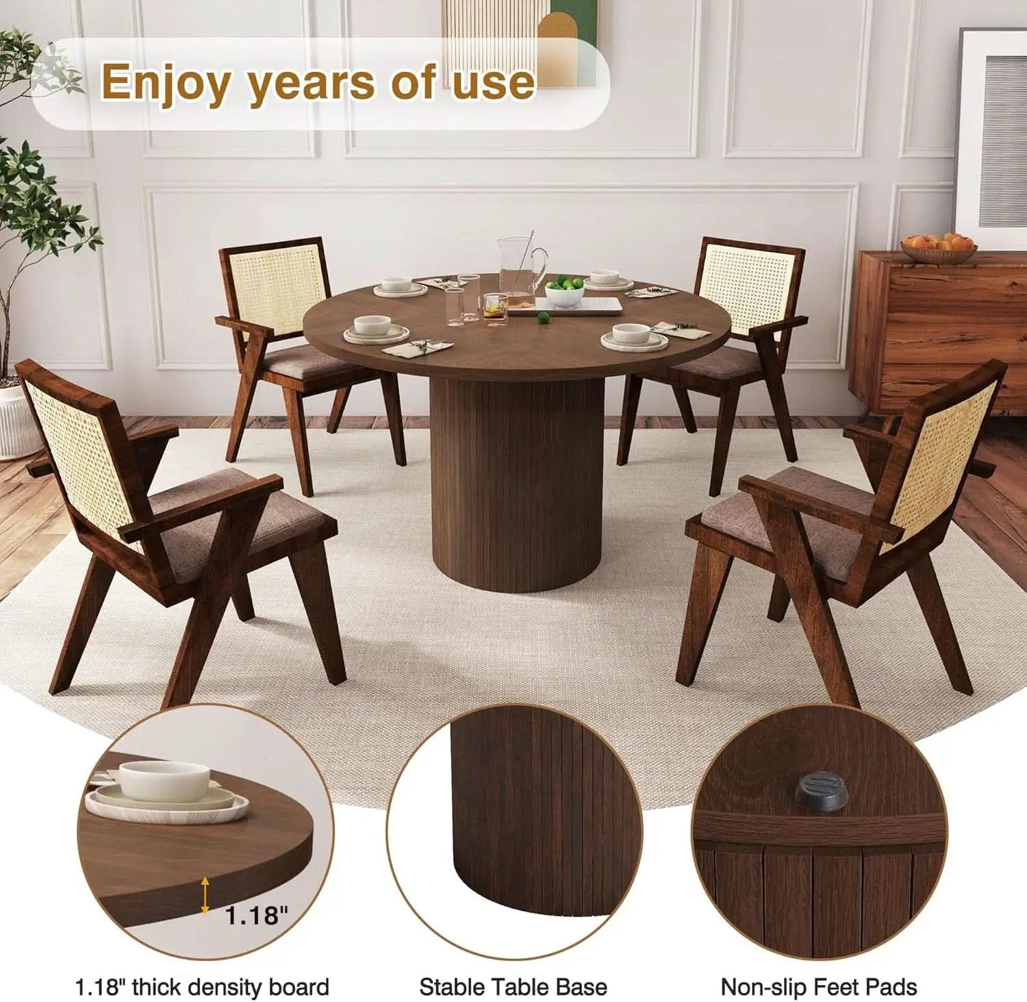 47 Inch Walnut Round Dining Table Farmhouse Kitchen from PriceLows™