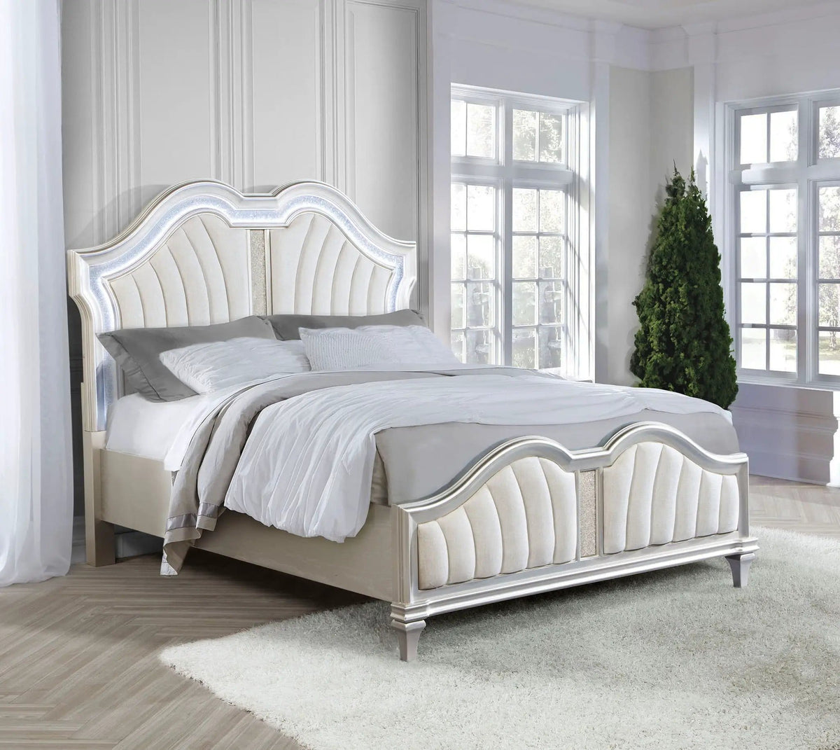Evangeline Wood Queen LED Panel Bed Silver | 69.75 x 88.25 x 64.25 in | Chenille & Wood | Oak