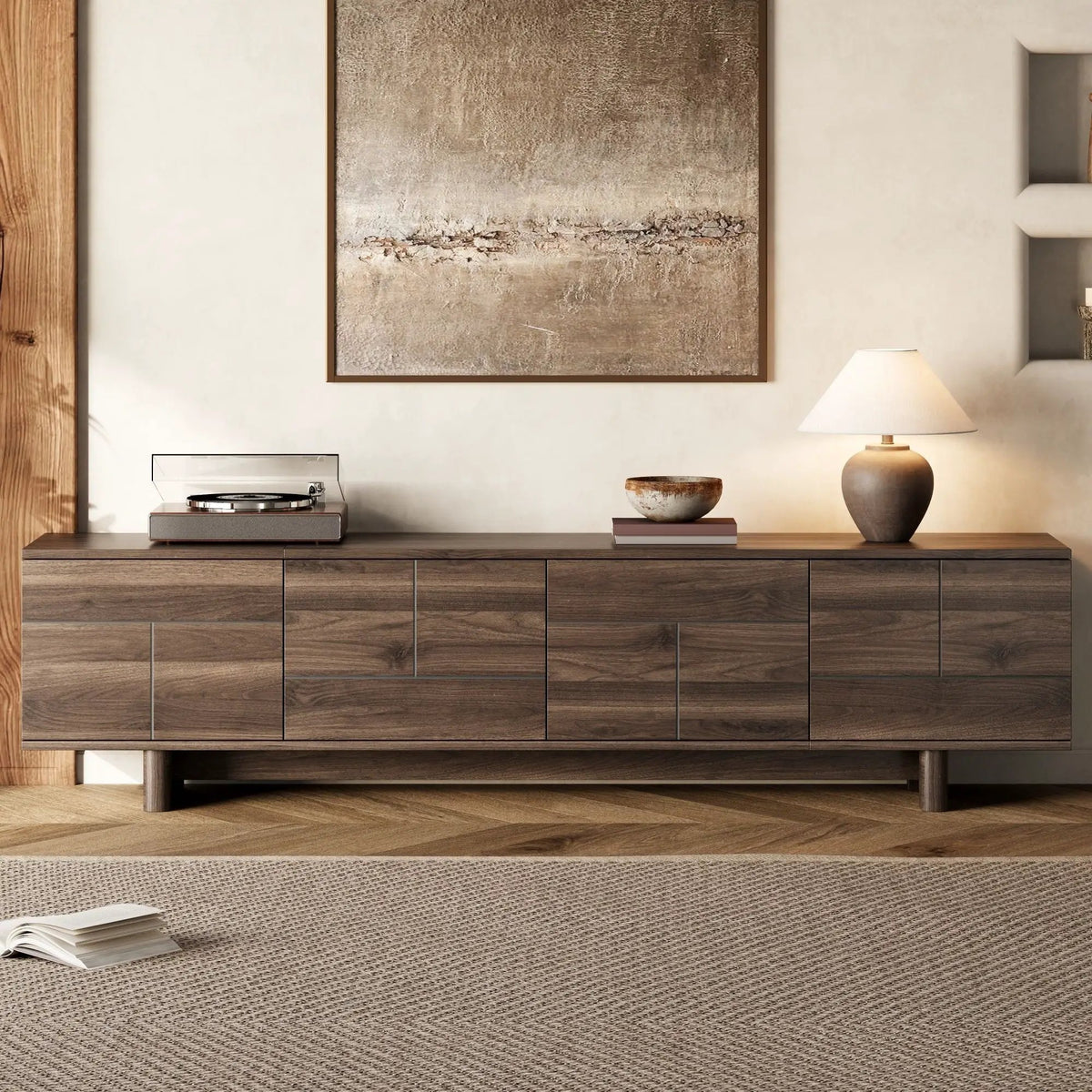 85 Inch TV Stand | Push Openers | Cable Management | Solid Pine Wood Legs