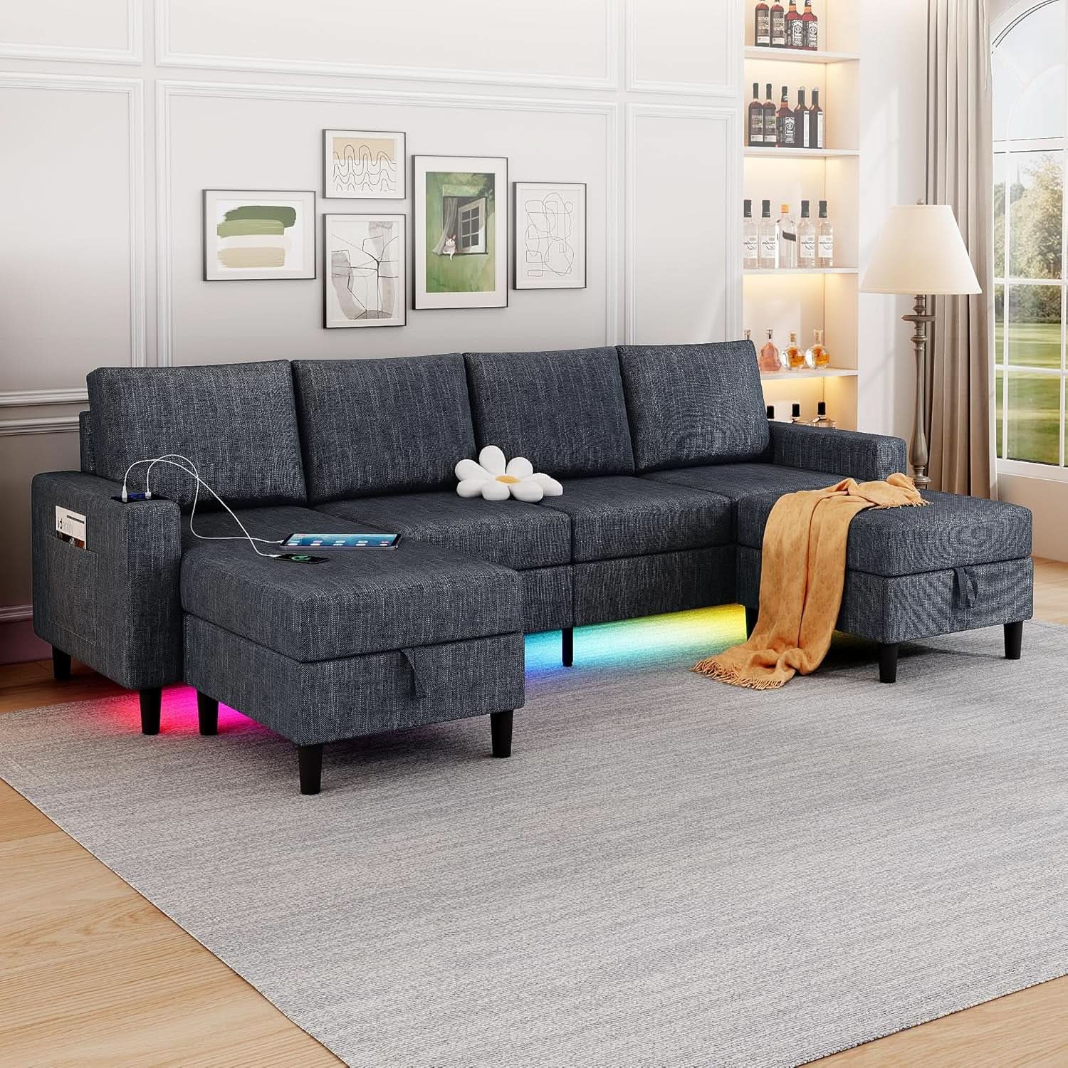 Blue Sectional Sofa With Reversible Chaise And Ottoman from PriceLows™