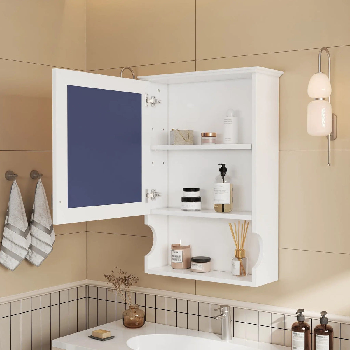 Half-Moon Wall Mounted Bathroom Cabinet | Mirror | Soft Closing Hinges | Open Shelving