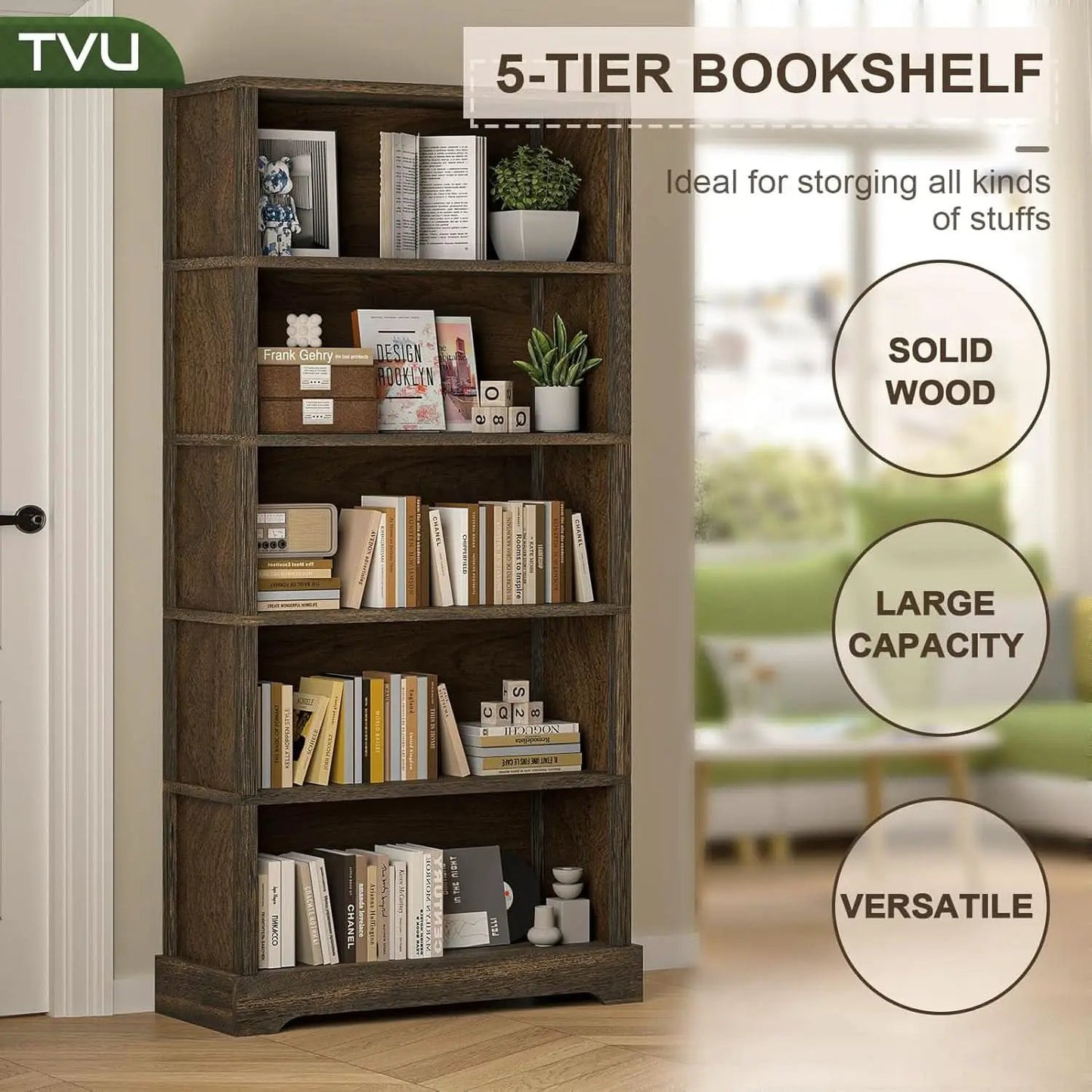 65 Inch Solid Hardwood Bookshelf With Five Tier Open from PriceLows™