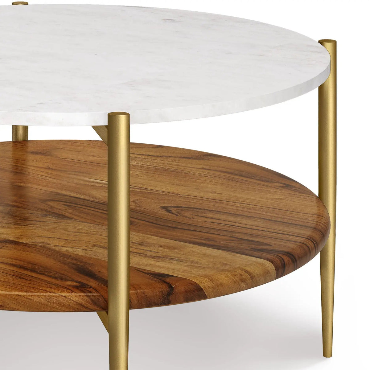 Wagner Round Marble And Wood Coffee Table | Solid Acacia | Open Bottom Shelf | 29.9 Inch Diameter