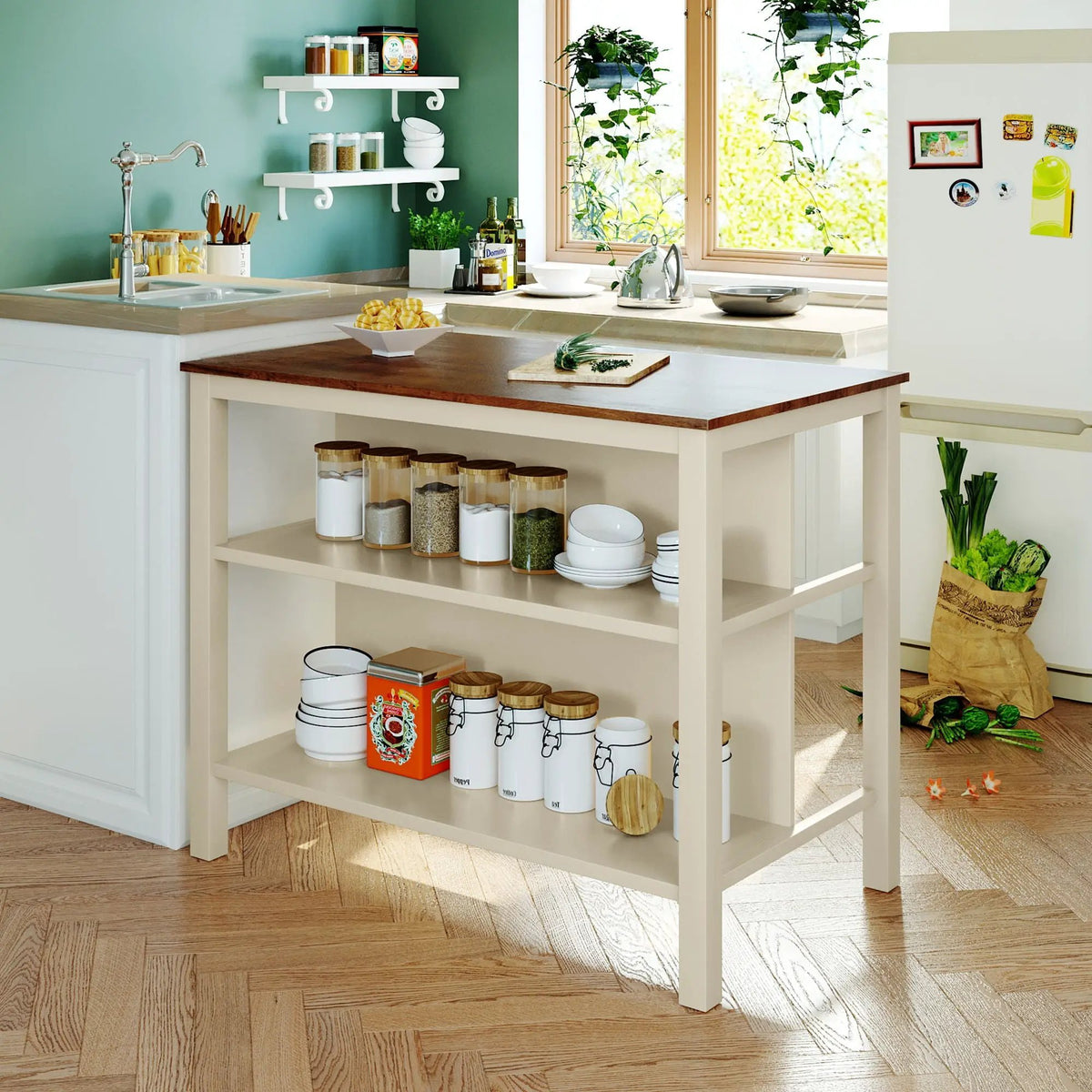 Kitchen Island Set | 3 Piece | Rustic Finish | Solid Rubber Wood