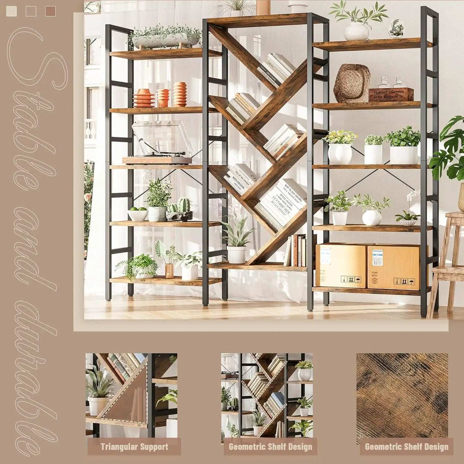 Rustic Brown 5 Tier Wooden Bookcase With Metal Frame from PriceLows™