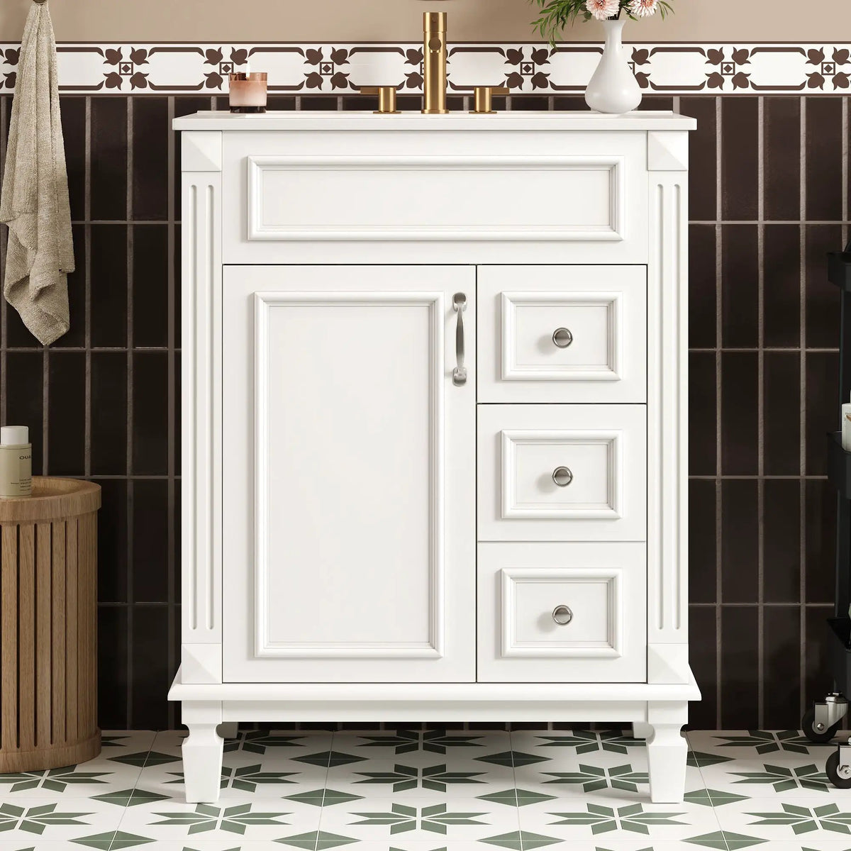 24 Inch Compact Bathroom Vanity | 2 Deep Drawers | Adjustable Shelf | Retro Button Handles