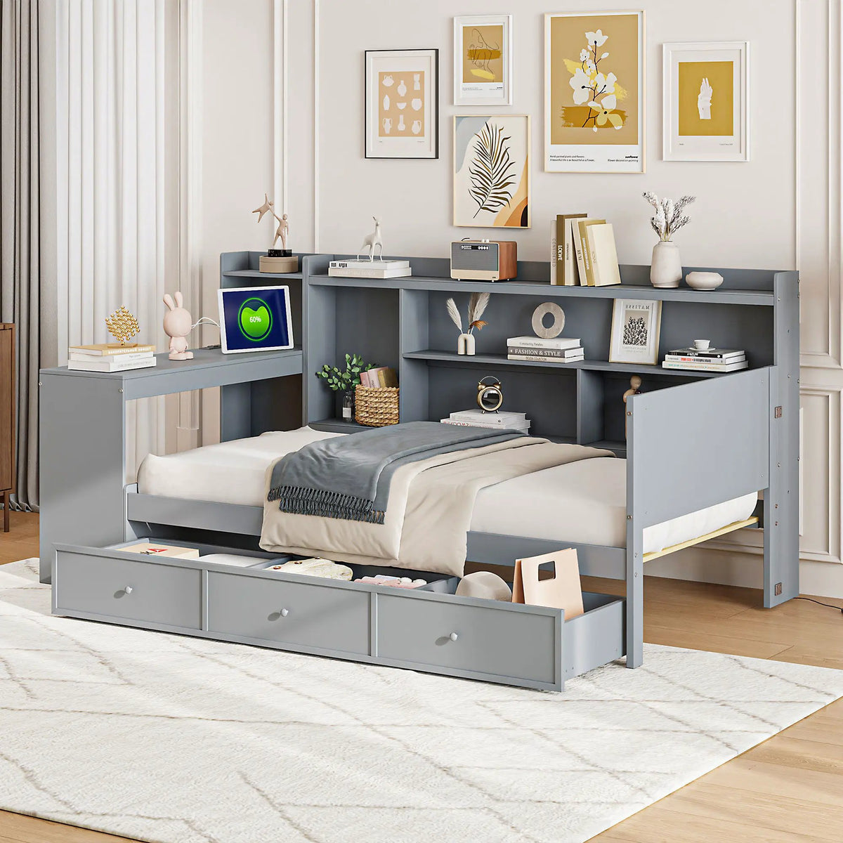 Pine Wood Daybed | 3 Drawers | USB Ports | Built-In Desk