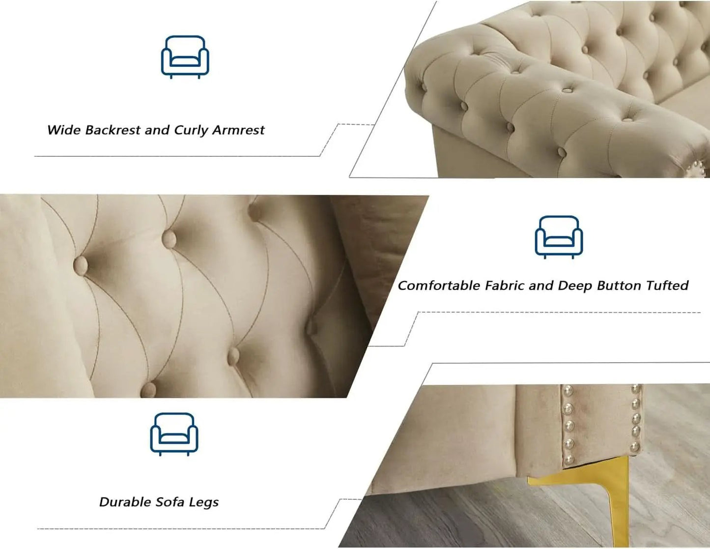 Three Piece Living Room Set Mid Century Sofa Armchair Loveseat Beige With Button Tufting And Nailhead Trim from PriceLows™