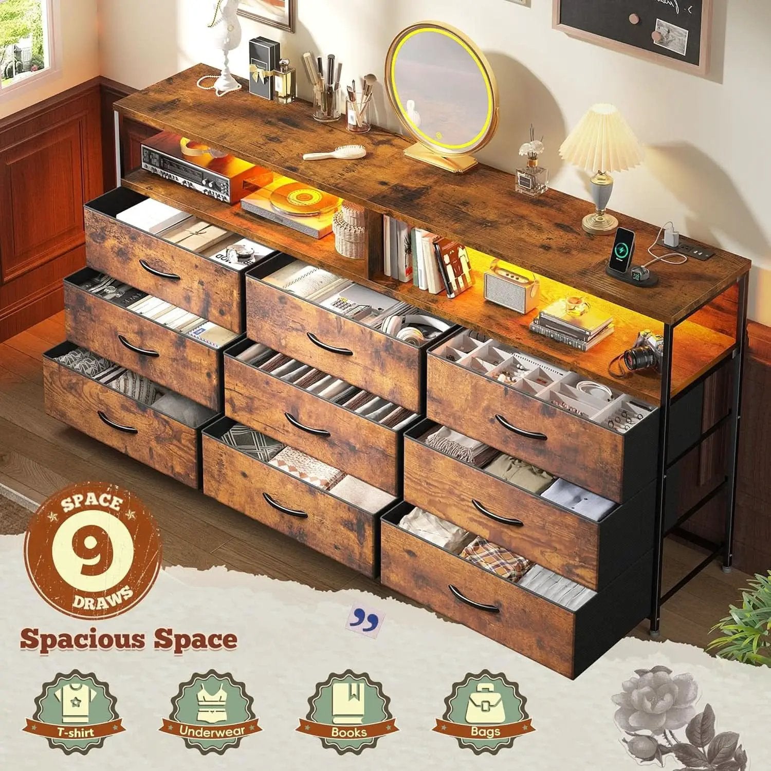 55 Inch Rustic Brown 9-Drawer Entertainment Dresser from PriceLows™