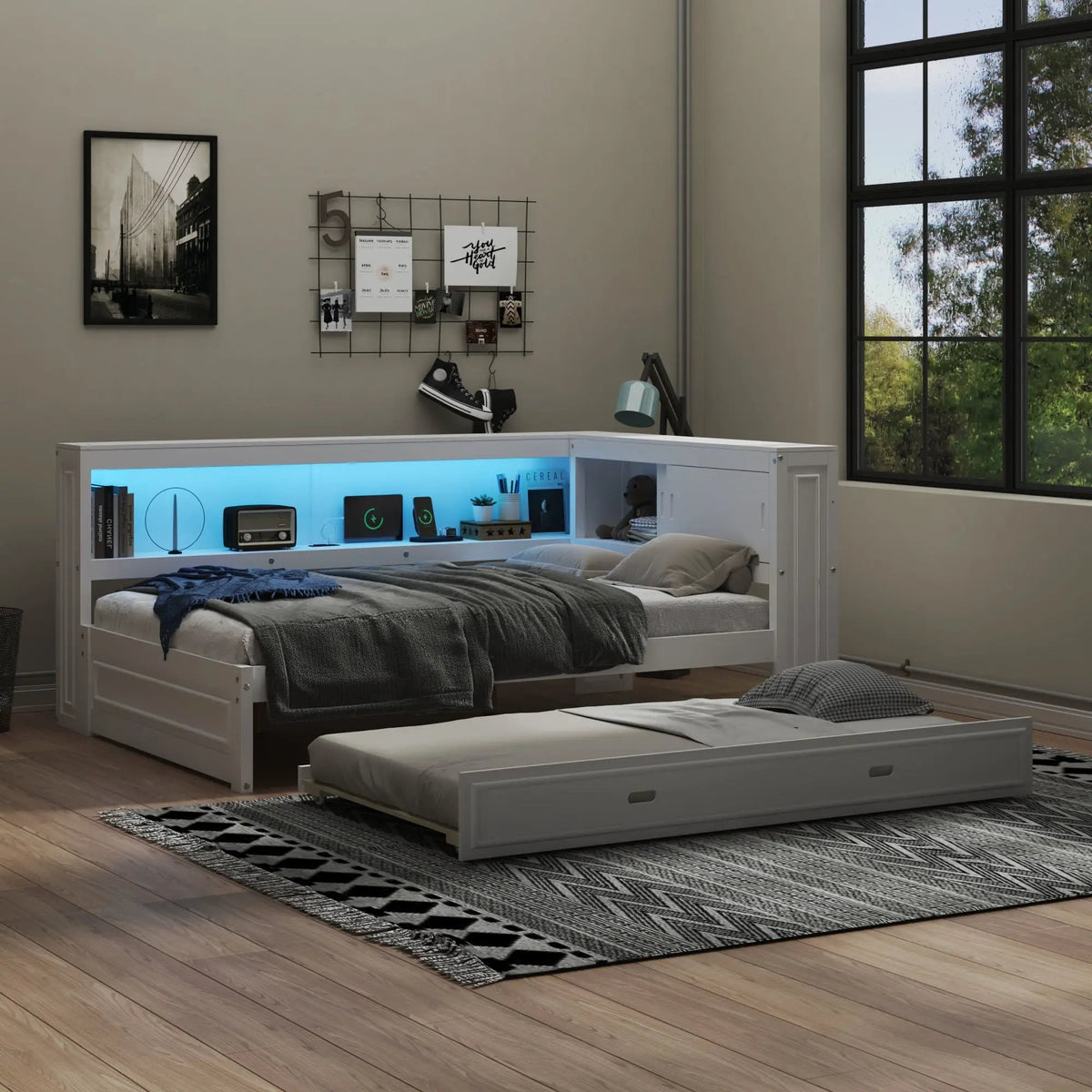 Daybed With Trundle | Storage Shelves | LED Strip With Remote | USB Charging