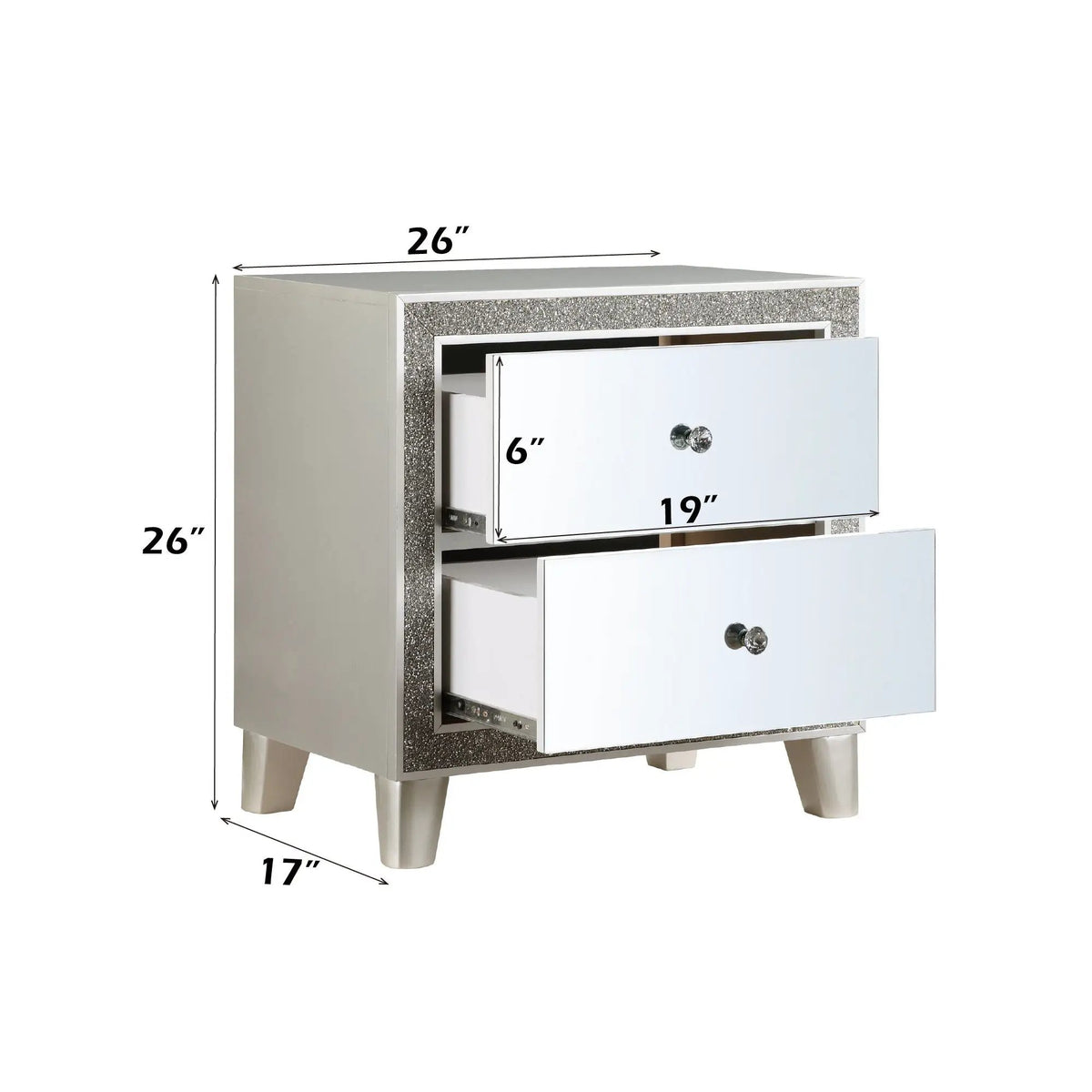 Sliverfluff Mirrored Nightstand | Champagne Finish | Two Drawers | Felt-Lined Top Drawer