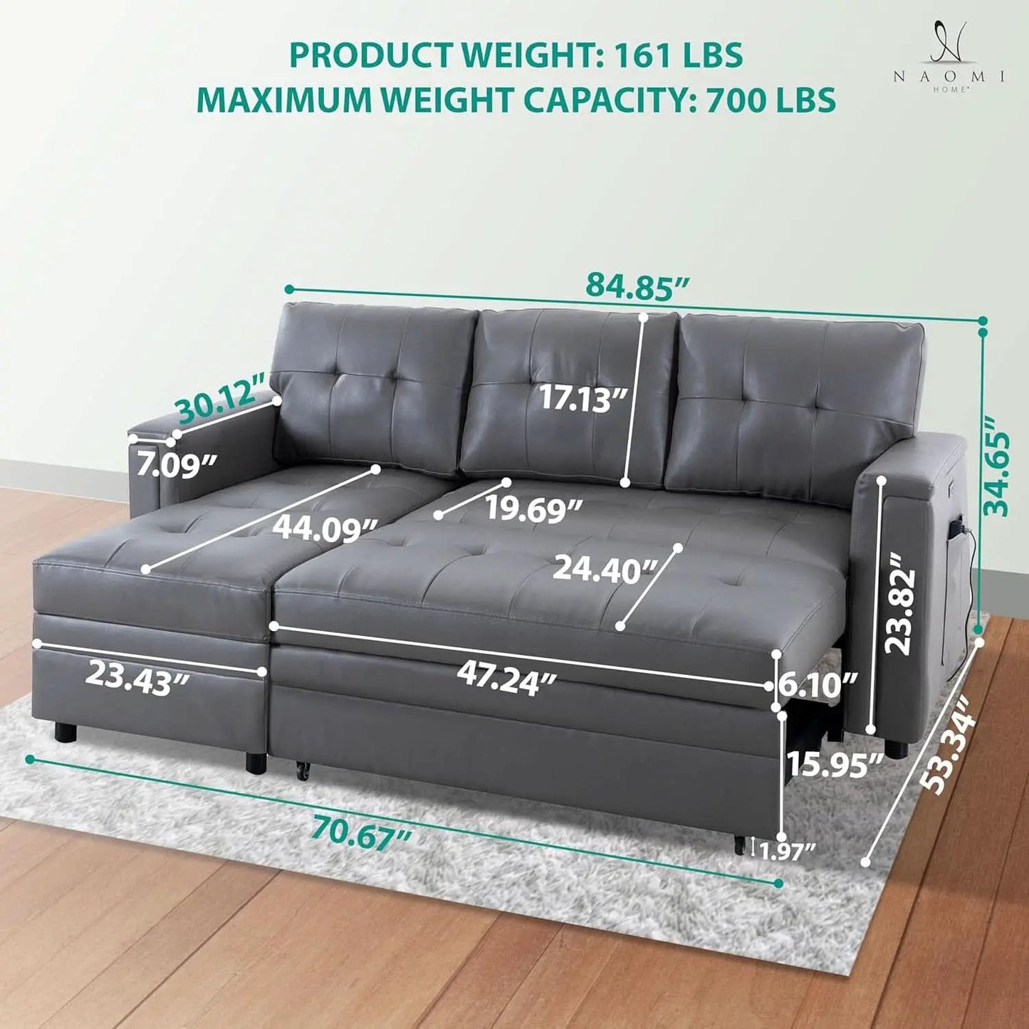L Shaped Sectional Sleeper Sofa With USB Ports Gray Leather from PriceLows™