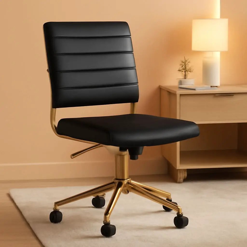 Armless Swivel Task Chair Black Faux Leather Brass Frame from PriceLows™