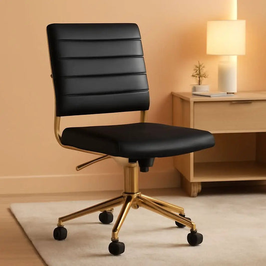 Armless Swivel Task Chair Black Faux Leather Brass Frame from PriceLows™