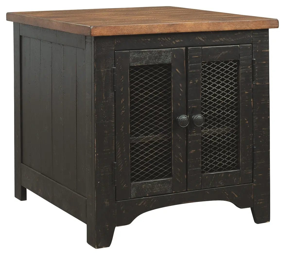 Valebeck Rectangular End Table | Black And Brown | Pine Veneers | Door With Adjustable Shelf