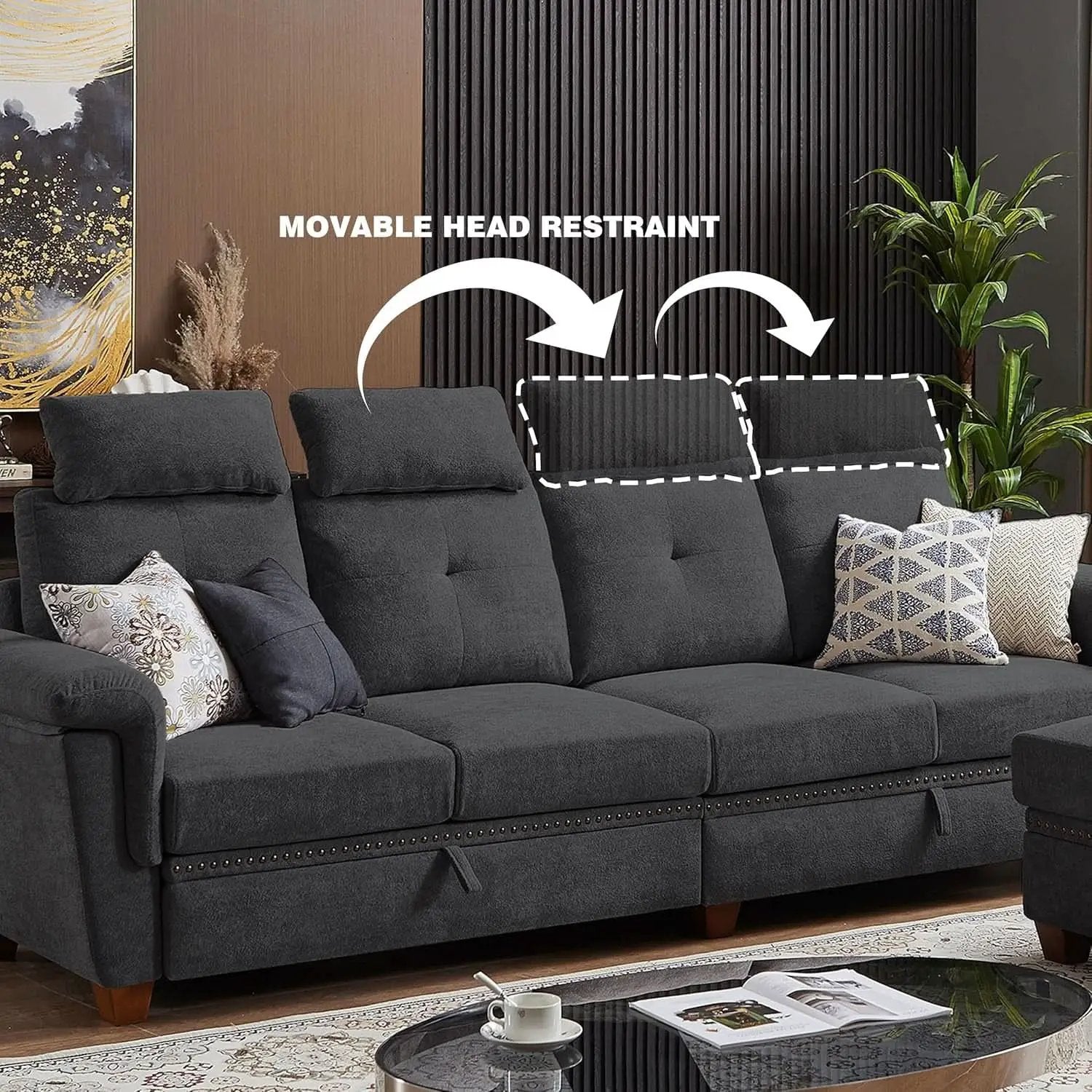 L Shaped Sectional Sofa With Storage Chaise Dark Grey from PriceLows™