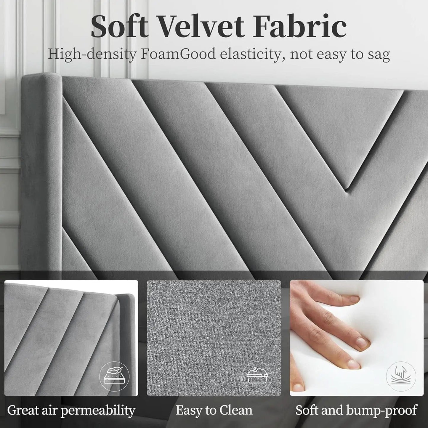 Queen Upholstered Bed Frame With Winged Tufted Headboard Light Gray from PriceLows™