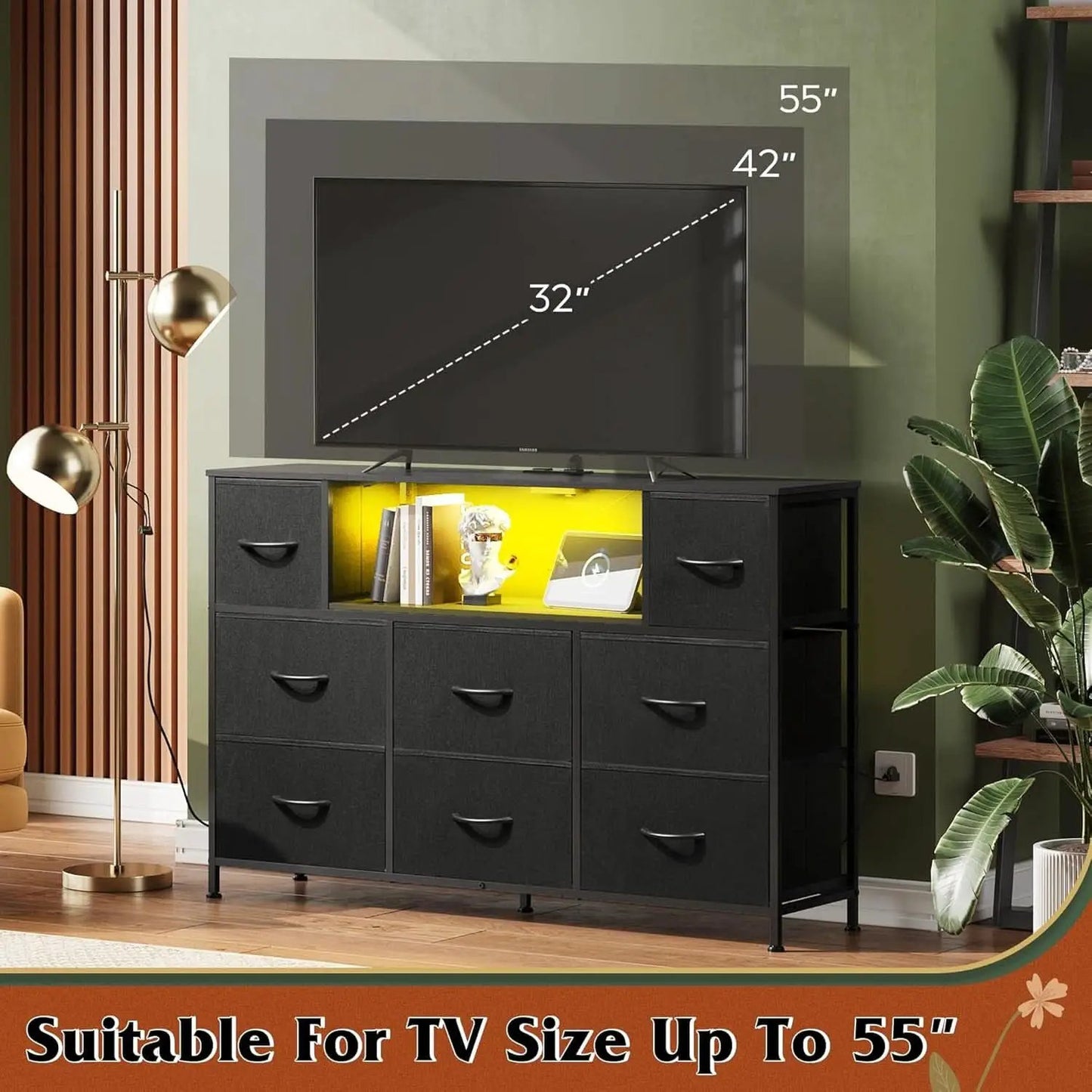 Black Fabric Dresser With Charging Station And LED Lights from PriceLows™