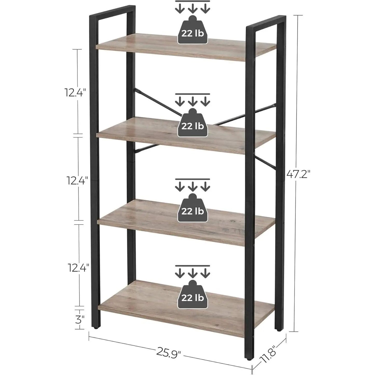 Four Tier Tall Bookshelf With Steel Frame Greige Black