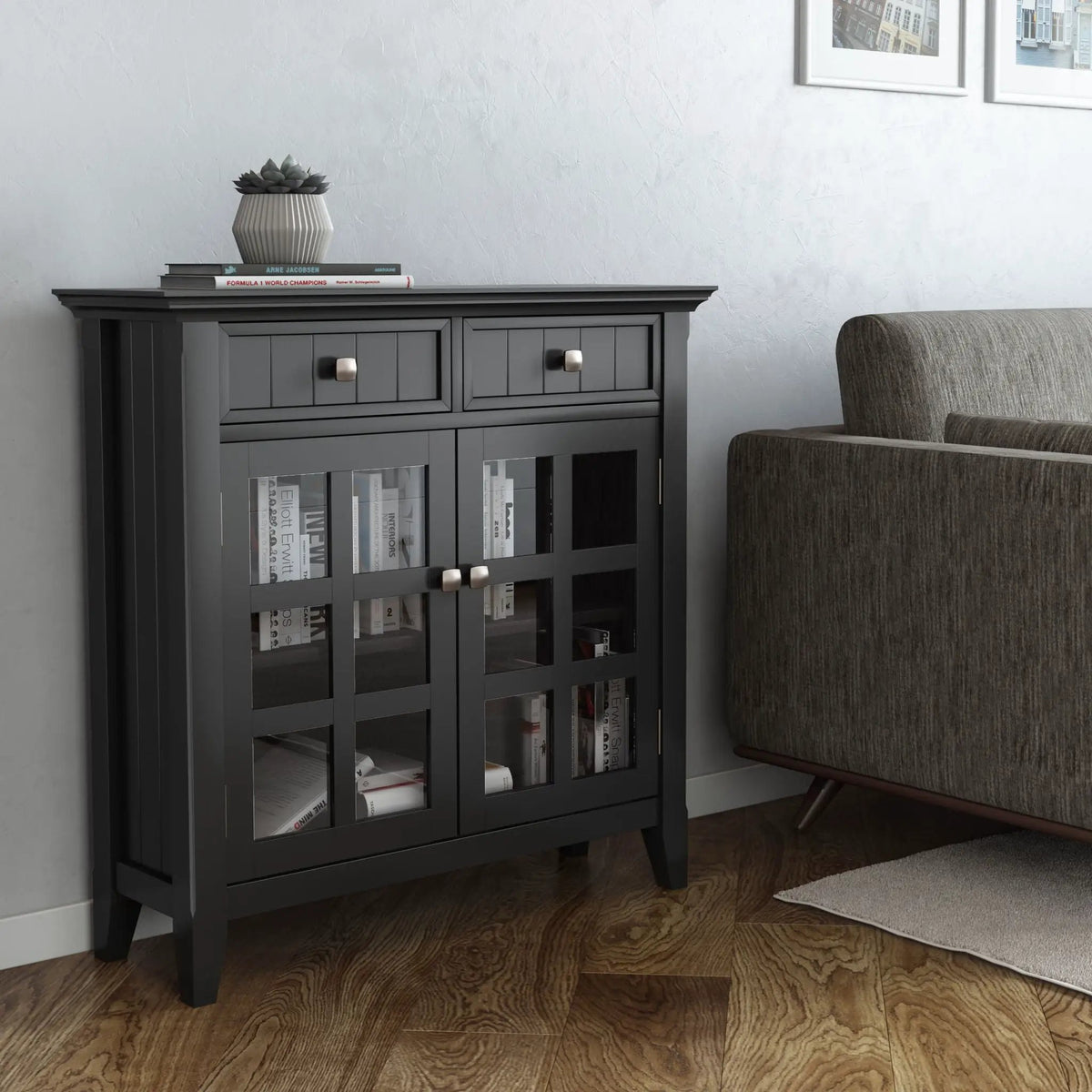 Acadian Entryway Storage Cabinet | Handcrafted Solid Wood | Two Drawers | Tempered Glass Doors