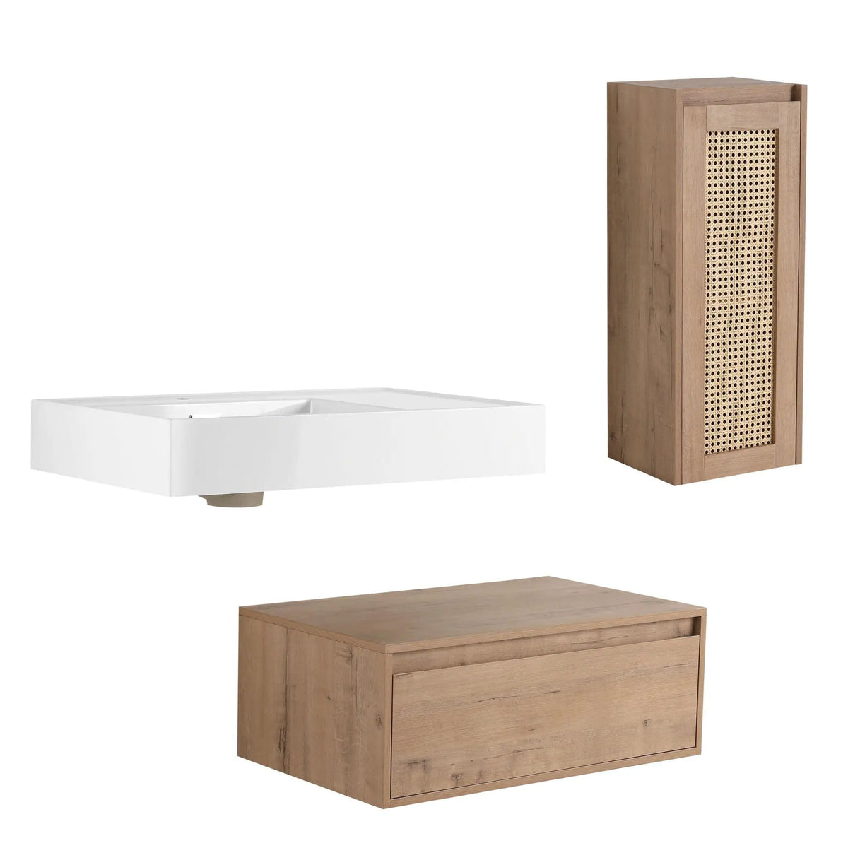 Modern Imitative Wall Mounted Bathroom Vanity With Resin Sink And Side Cabinet | 2 Pieces | Plywood & Resin | Bathroom
