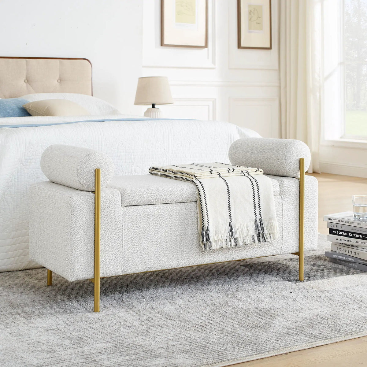 Upholstered Storage Bench | Cylindrical Arms | Iron Legs