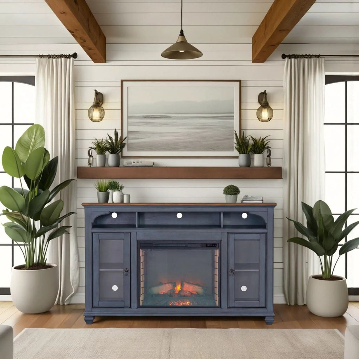 Fireplace TV Stand | Fits TVs Up To 80 Inch | Blue | Two Framed Glass Doors