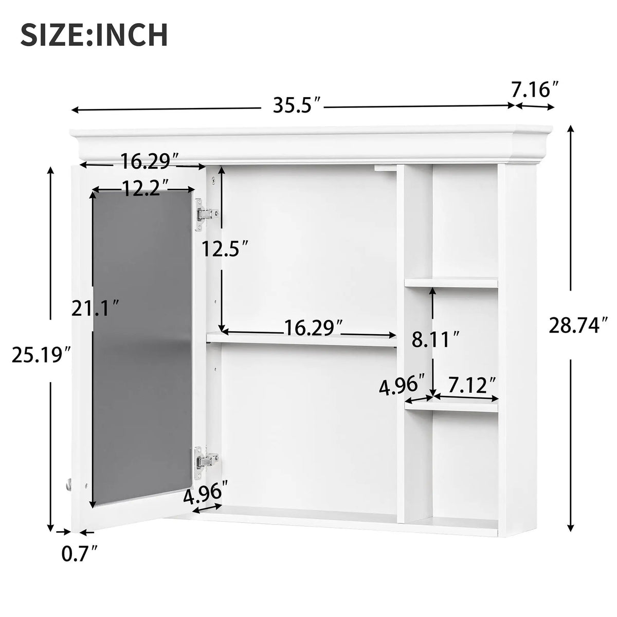 Wall Mounted Bathroom Storage Cabinet | Mirror Door | Silver Metal Handles | Open Shelves