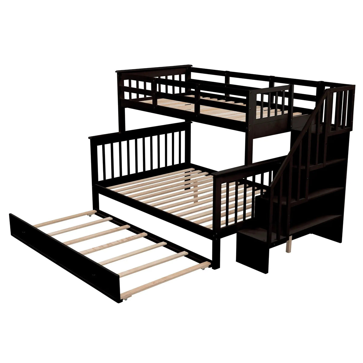Twin Bunk Bed With Trundle | Hidden Stair Storage | Guard Rail | Bedroom Furniture